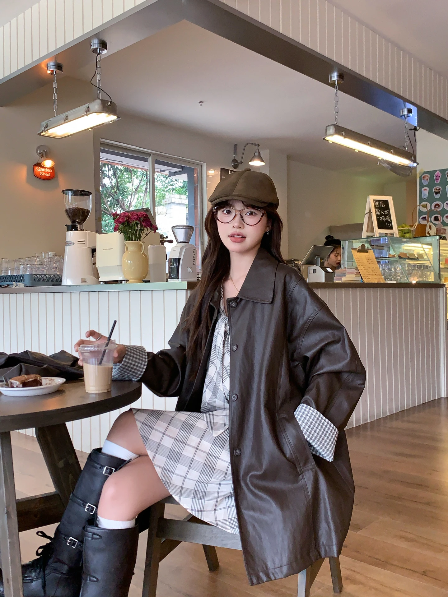 Ele Long Leather Jaet Women's Loose Sle Korean Faion Autumn New Arrival PU Material Commute Sle Zipper Closure