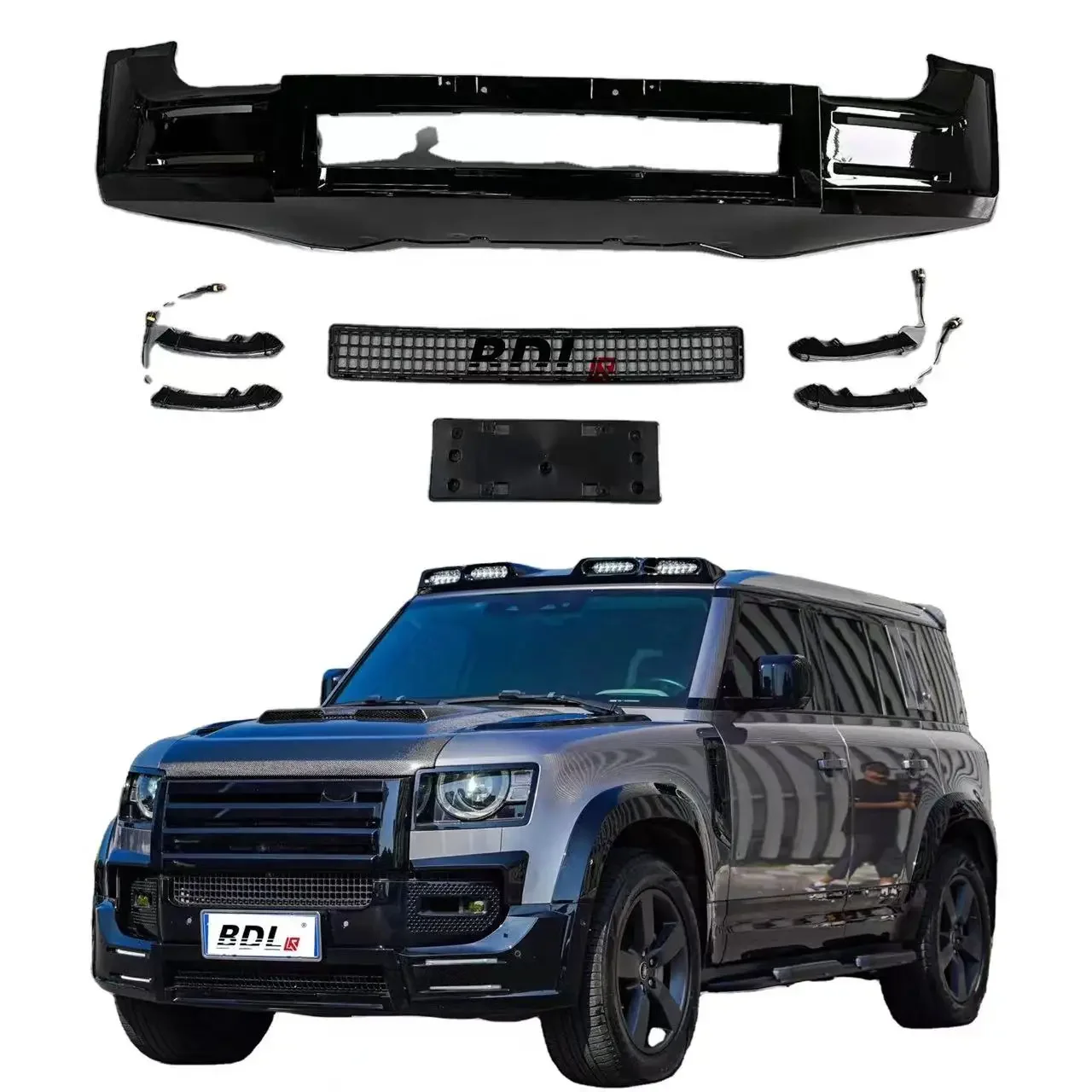 

For 2020 land rover defender Front Bumper Lip With 4 LED Spoiler Splitter Bumper Lip Diffuser Gloss Black 90/110/130 L663