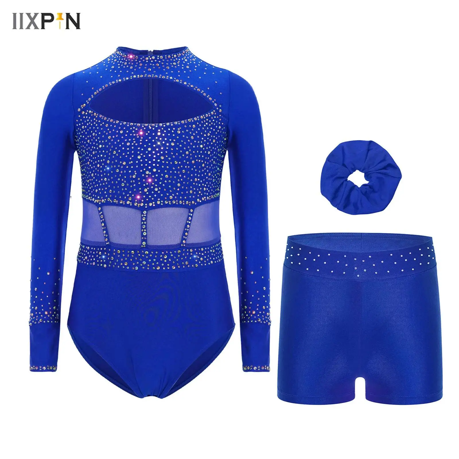 

3Pcs/Set Kids Girls Gymnastics Ballet Dance Outfit Crew Neck Long Sleeve Cutout Front Shiny Rhinestones Leotard+Shorts+Headwear
