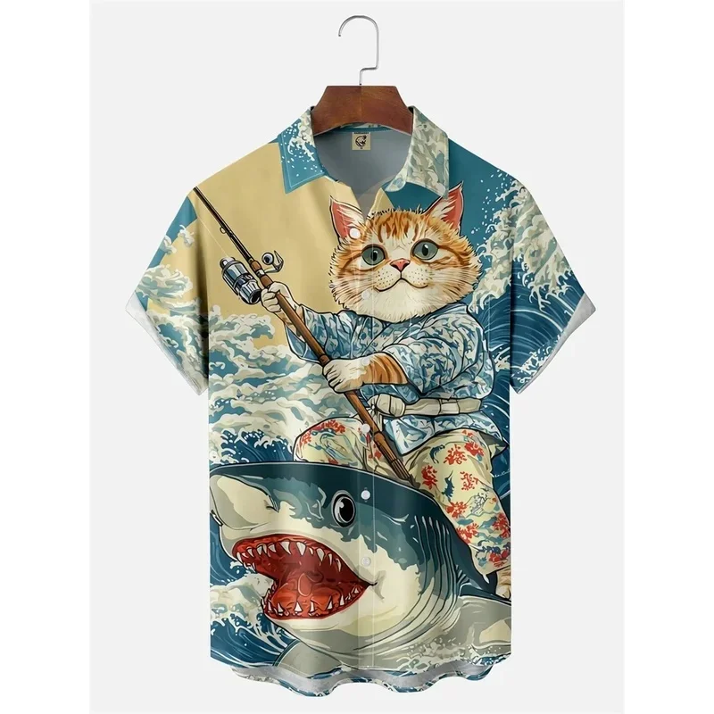 Men's Retro Short Sleeve Beach Shirt Summer Casual Ukiyoe Kitten Fishing Shark Print Hawaiian Shirts Men's Lapel Aloha Shirt