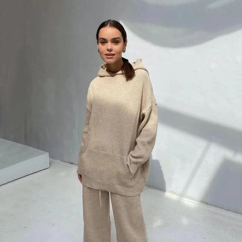 المرأة هوديي قطعتين مجموعة الخريف بلون سماكة فضفاضة موضة عادية الرباط بنطال ذو قصة أرجل واسعة موضة ملابس نسائية