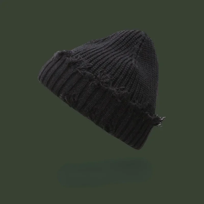 2024 New Fall and Winter Hip Hop Trend Broken Brim Knitted Hat Woman Man Green Grey Black White Hole Cap Warm Hat Bonnets Fall