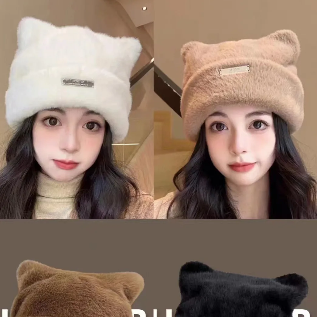 New Women Cute Cat Ear Earflap Winter Hat Fashion Faux Fur Knitted Hat Cute Style Soft Beanie Hats Candy Female Streetwear Cap