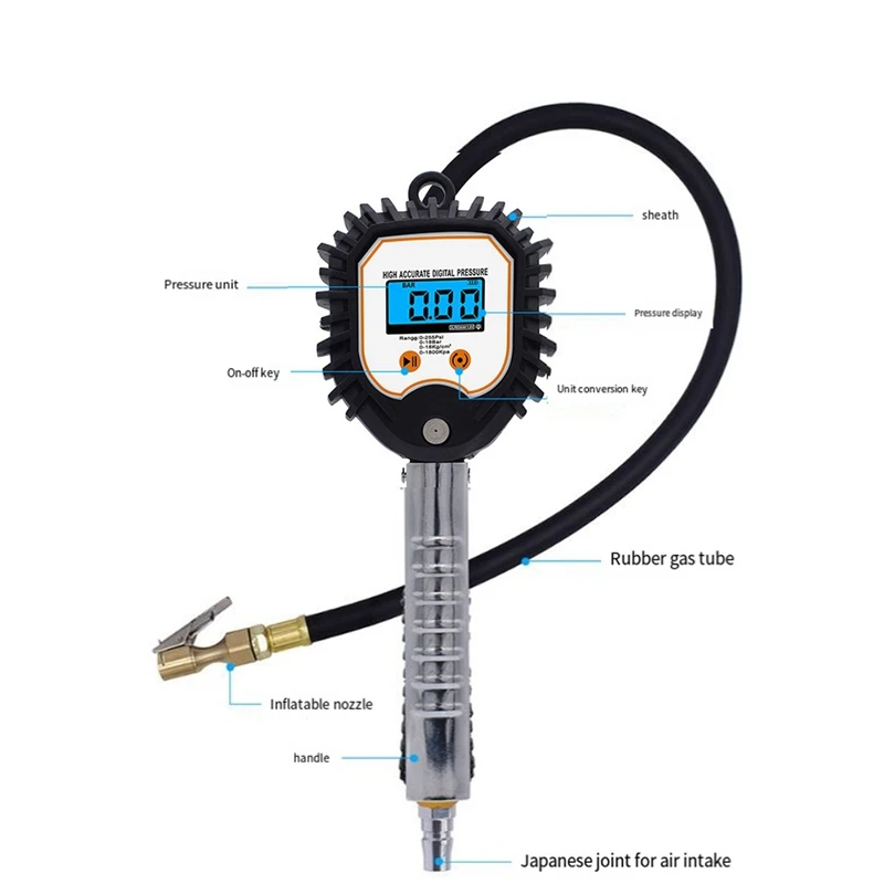 Display Digital Pneu Manômetro, alta precisão, Monitoramento Inflator Gun, válvula do carro, Ferramenta de Reparo Universal, BW-001