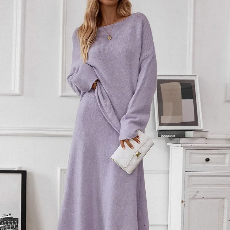 UMI MAO Top Damski Jesienno-Zimowy Nowy Elegancki Komplet Dzianinowy Dla Kobiet Sweter z Odkrytymi Ramionami Elastyczna Talia Spódnica typu Rybka