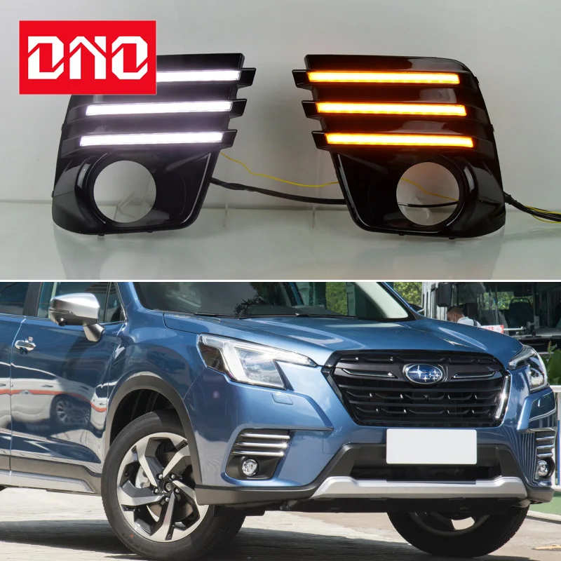 Car LED DRL Daylights For Subaru Forester 2022 2023 2024 Yellow Turn Signal Daytime Running Headlamps Auto Driving Lamp Foglamps