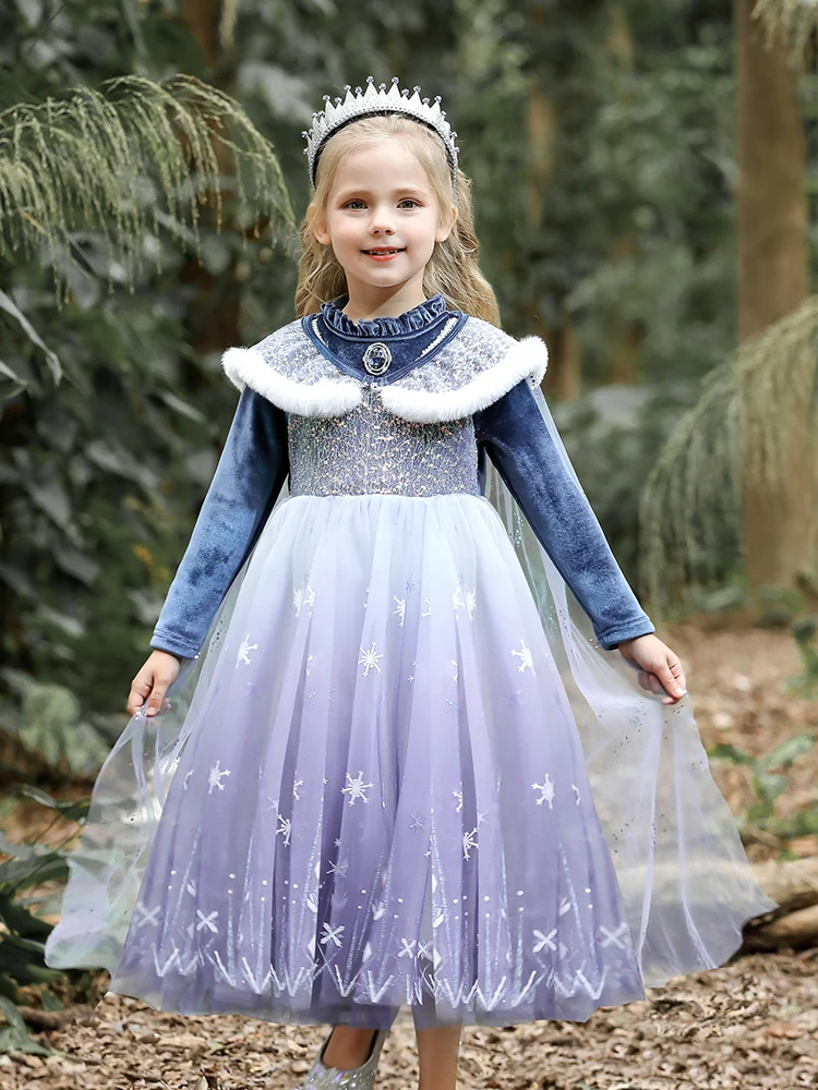 Girls' Autumn 2024 New Velvet Elsa Frozen Princess Dress Kids Blue Cape 2 Piece Set Warm Dresses For Winter Girl 3-9 Years Old ﻿