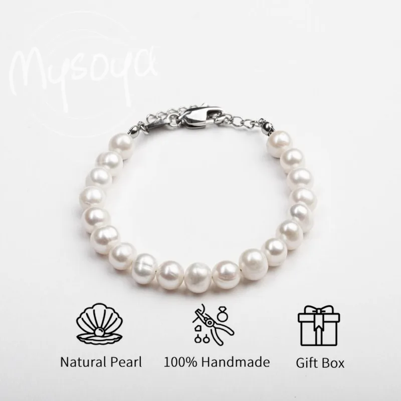 

MYSOYA White Freshwater Pearl Bracelet 7-8mm With Gift Box For Him/Her Birthday/Wedding/Christmas/New Year/Anniversary Gift