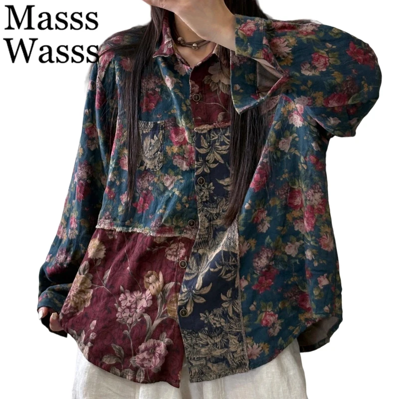 

Masss Wasss 2025 Fall Ladies Vintage Oversized Leisure Printed Shirts Womens Fashion Loose Blouses Floral Clothes Elegant Tops