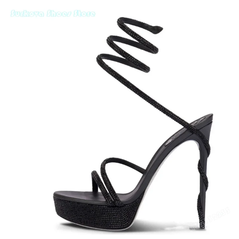 

Crystal-embellished Wraparound Leather Sandals Round Open Toe Platform Thin High Heels Stylish Ankle Strap Party Dress Stilettos