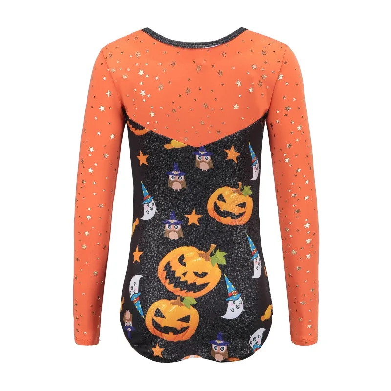 Girls Long-sleeved Halloween Pumpkin Head Pattern Ballet Leotard Body Suit Ballet Gymnastics Dance Practice Clothes Performance