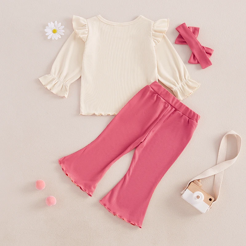 Cute Toddler Girl Autumn Ensemble Floral Embroidered Sweater Ribbed Bell Bottoms and Matching Headband Set for a Stylish Look