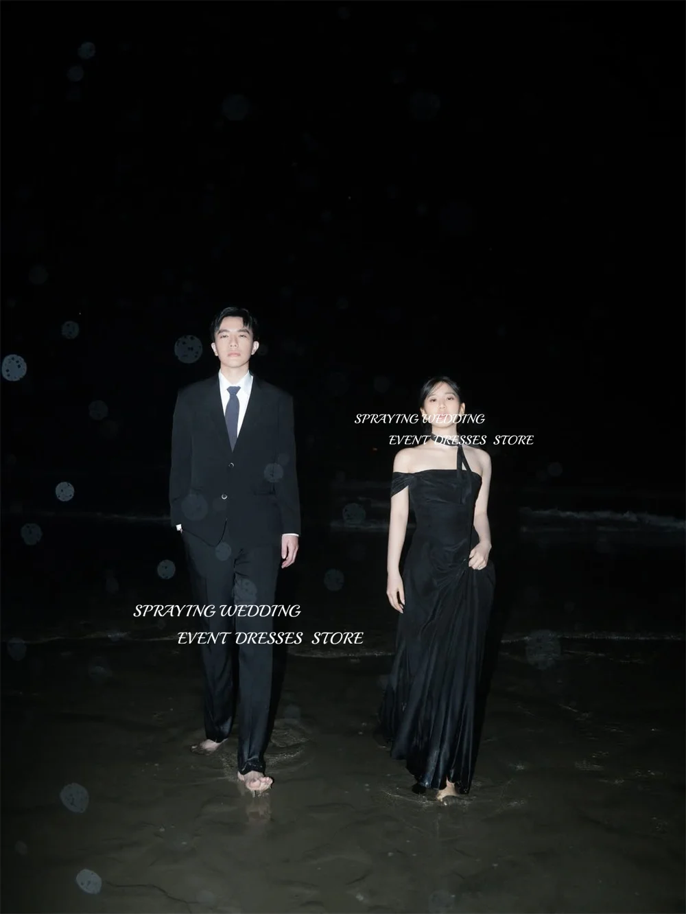 SPRAYING Elegant Black Evening Dress Korea Wedding Photo Shoot One Shoulder A line Floor Length Party Dress Corset Customized