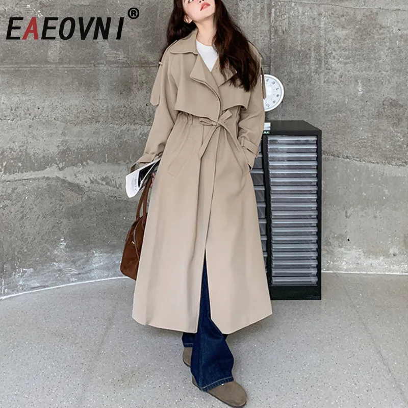 

EAEOVNI 2025 Autumn New Long Trench Coat Khaki Office Lady Patchwork Belt Gathered Waist Windbreaker Fashion Clothing