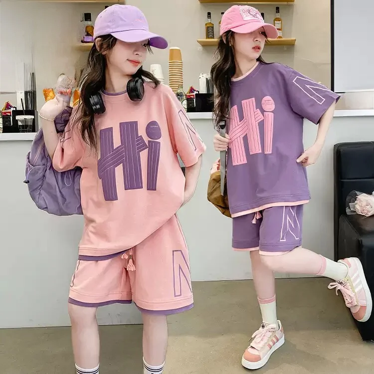 girls-summer-casual-sports-set-short-sleeve-t-shirt-shorts-two-piece-suite-breathable-lightweight-pure-cotton-love-expression