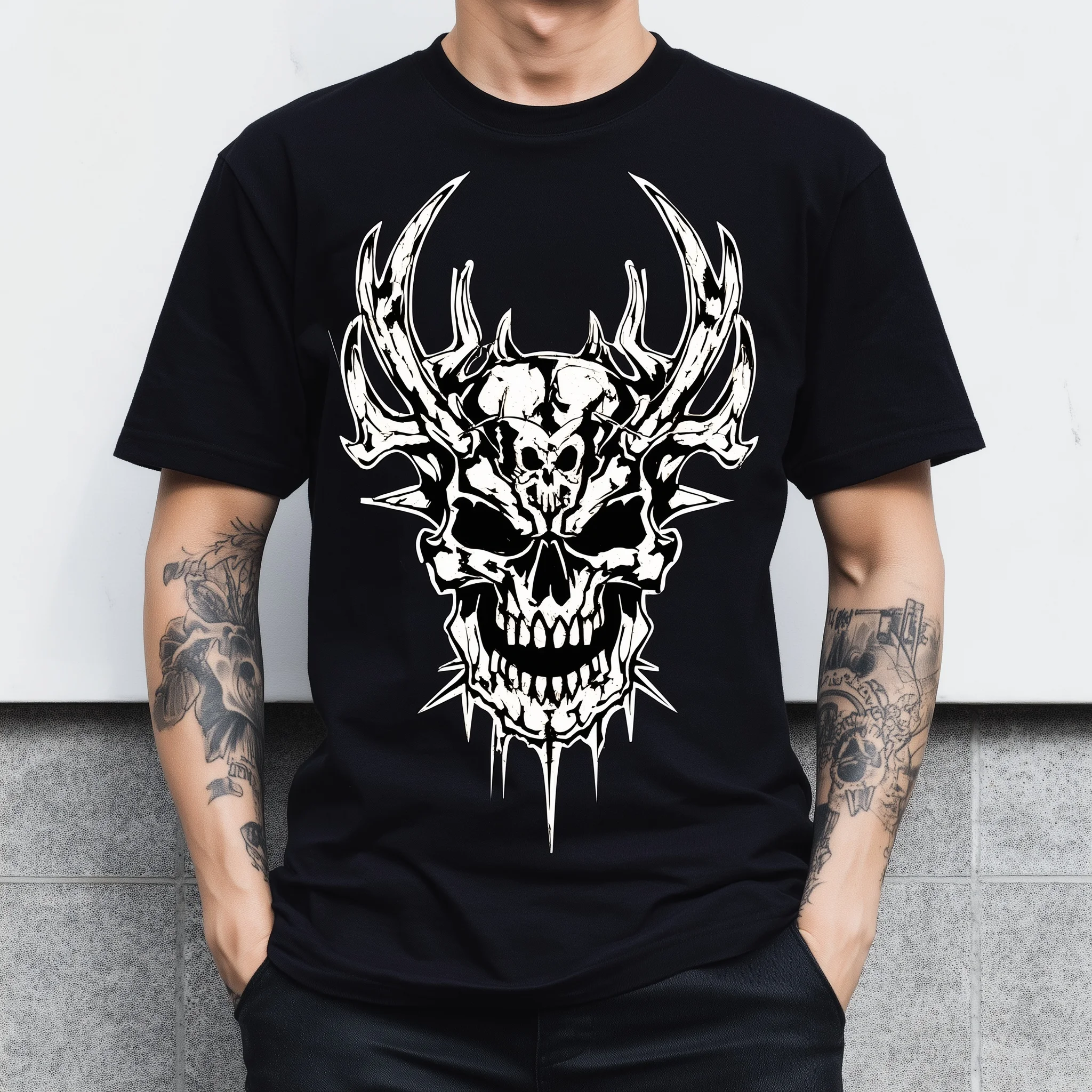 

Teevo Men's Short Sleeve T-Shirt Skull Horns Design Casual Wear