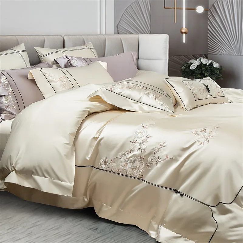 Ivory White Embroidery Design Bedding Sets All Seasons 1000TC Egyptian Cotton Duvet cover Bed Sheet Bedspread Pillowcases