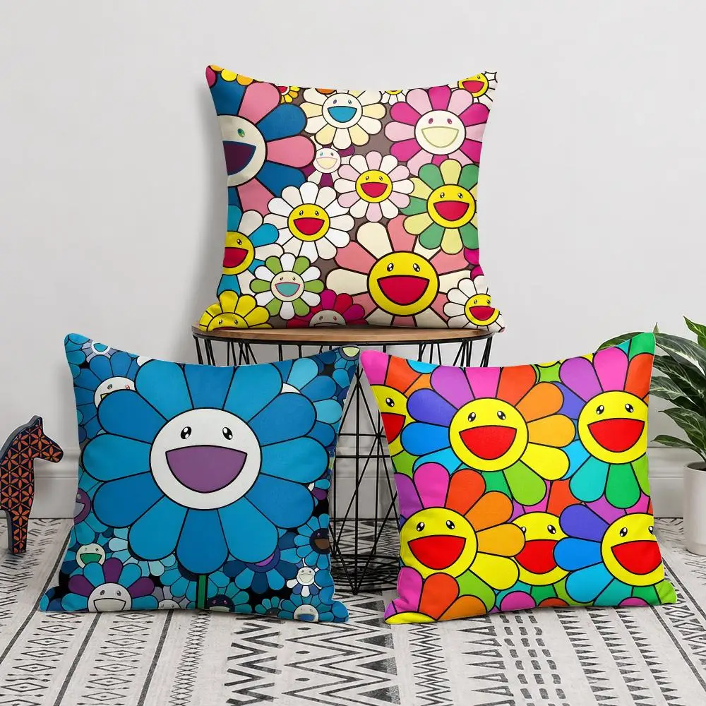 Pop Aesthetics T-Takashi-M-Murakami Cushion Cover Double-Sided Plush Sofa Pillow Covers Organic Breathable Invisible Zipper