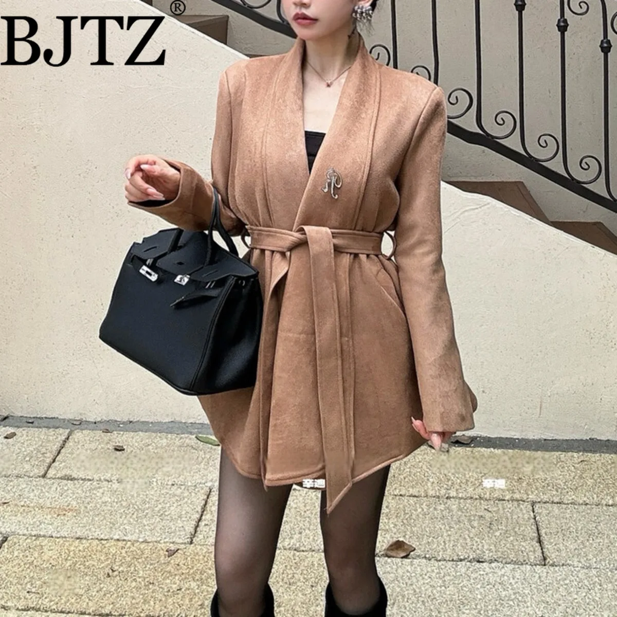 

BJTZ 2025 осень-зима женский замшевый плащ средней длины с поясом на талии ветрозащитная офисная повседневная верхняя одежда универсальная шикарная куртка