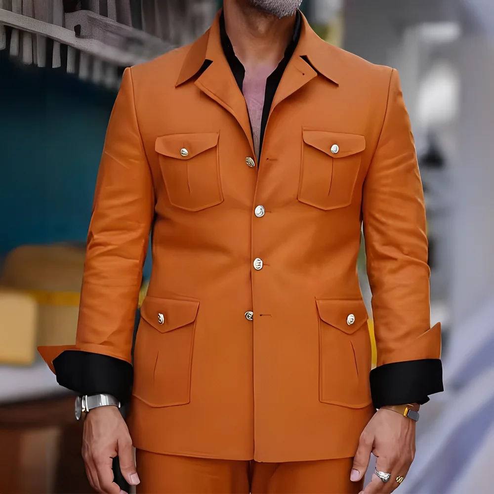 

Tailored Casual Men Suits Orange 2 Pieces Set Safari Design Collar Autumn Coat Pant Business Designer Jacket Pant Men Prom Suits