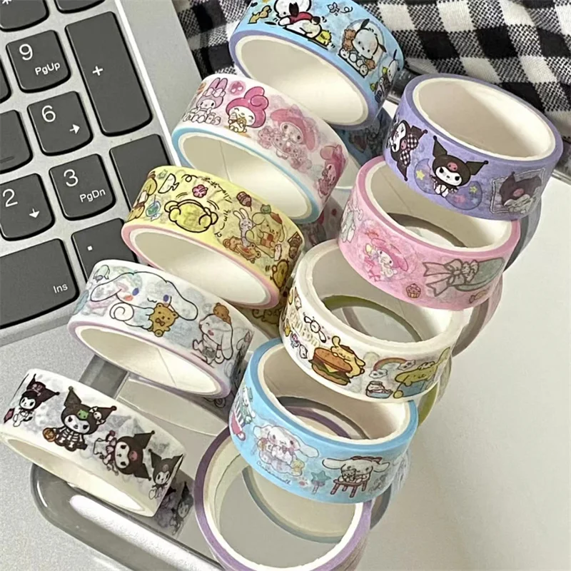 10Roll/Box Sanrio Kuromi Melody Cinnamoroll Guka Handbook Stickers Kawaii Pompompurin Pochacco Hand Account DIY Sticker Kid Toys