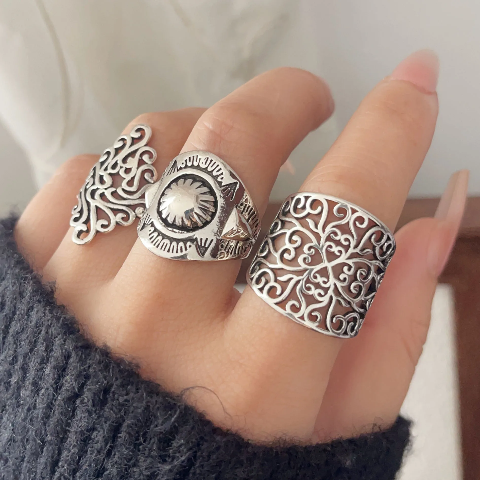 925 Sterling Silver Rings For Women Geometric Fine Jewelry Finger Adjustable Retro Flower Hollow Ring For Party Birthday Gift gallery 1