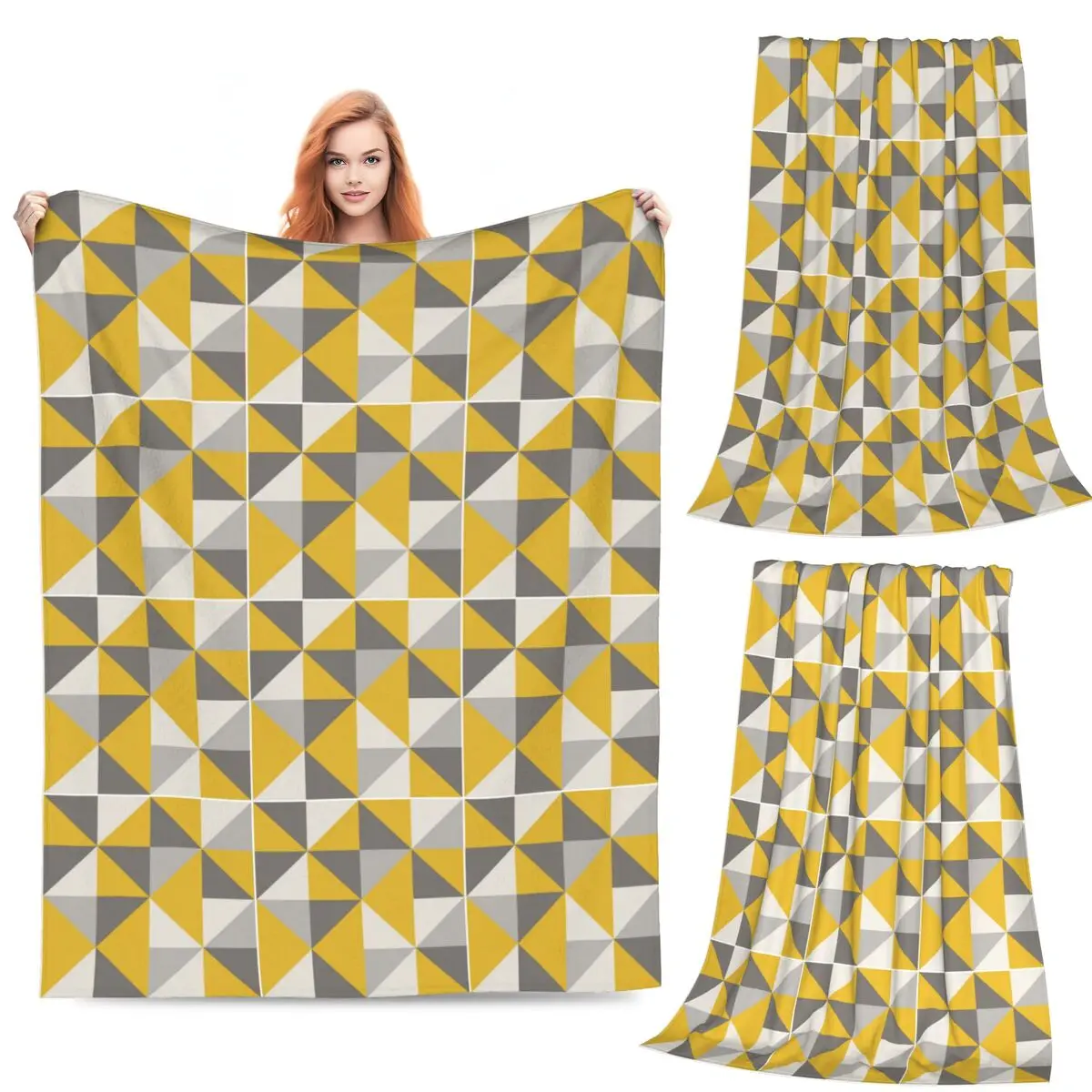 

Retro Triangle Design In Yellow And Grey Blankets Flannel Sofa Throw Blankets for Home Bedroom Travel Throws Bedspread Quilt