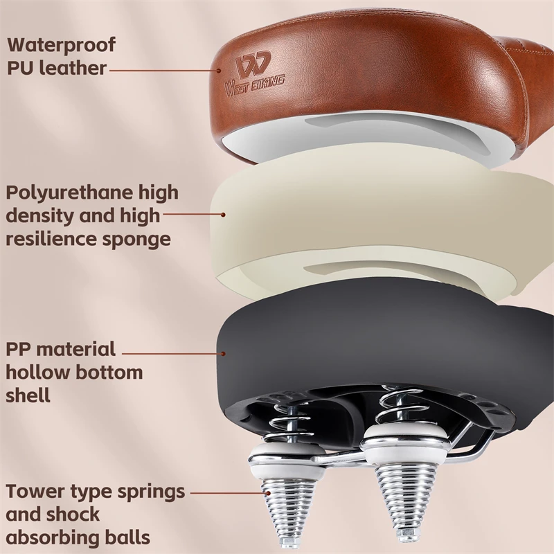 سرج دراجة عتيق بني ناعم ممتص للصدمات، مقعد جلدي مريح واسع لملحقات الدراجة الكهربائية MTB