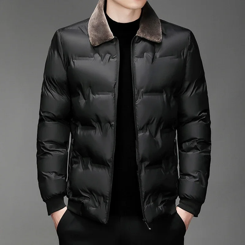 High Quality Jacket Cotton Coat Men's Solid Color Hatless Wool Collar Cotton Parkas Winter Windproof and Warm