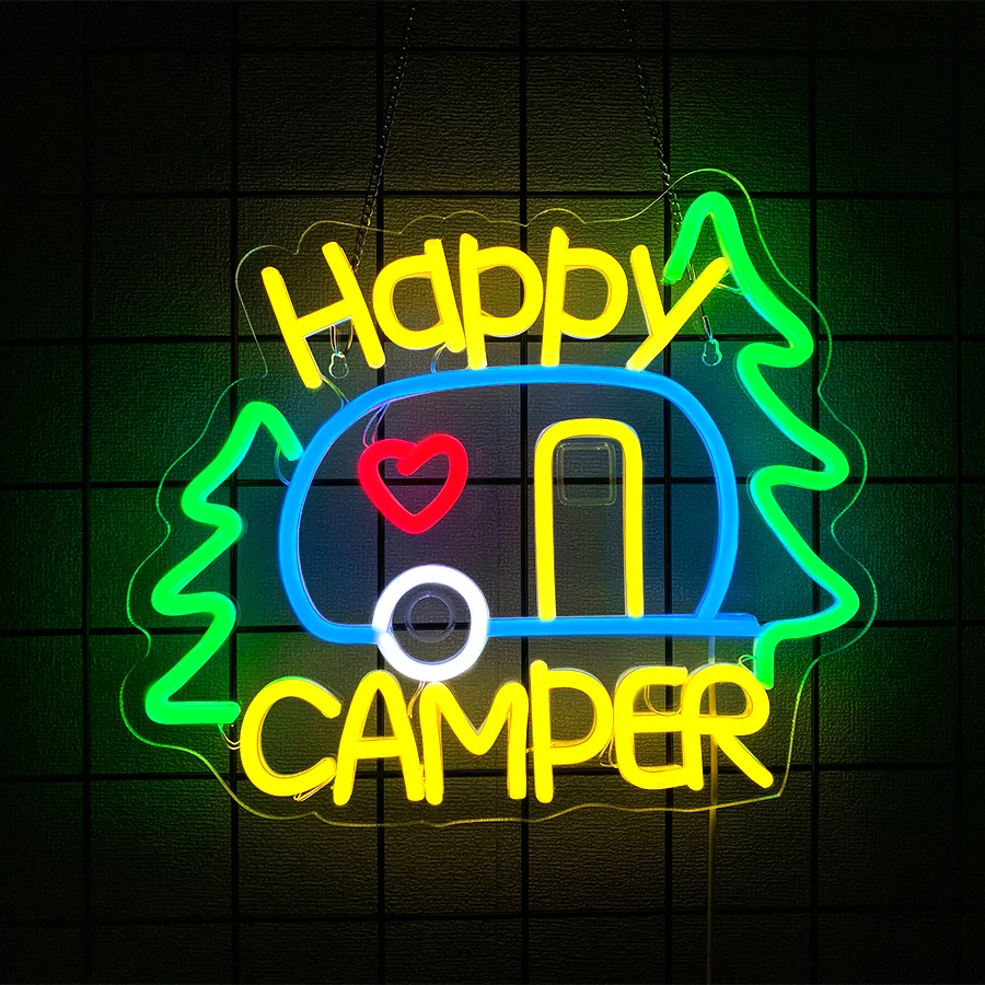 

Happy Camper Neon Sign For Wall Decor, Party Decor, Touring Car, Gifts, Campsite Decorations Inside Camper Backdrop,USB Power