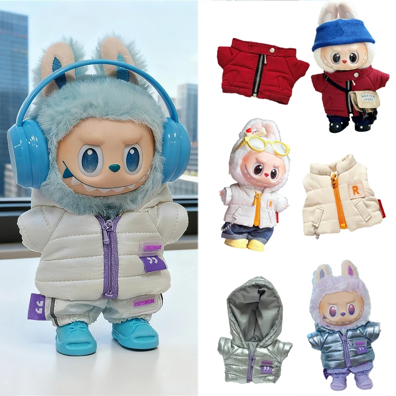 

For 15 17cm Labubu Doll Down Jackets Laser Skiwear Fashion Clothes Winter Down Vest With Jeans Shoes Complete Outfit Clothing
