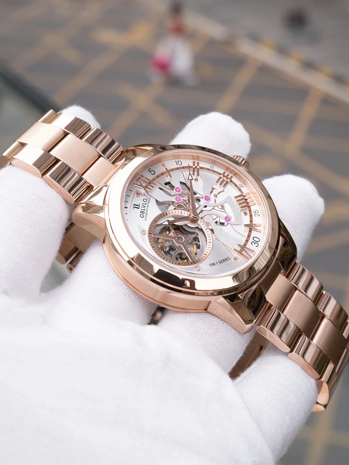 OBLVLO メンズ自動腕時計 42 ミリメートル機械式腕時計 5ATM 防水サファイア発光スケルトンダイヤル