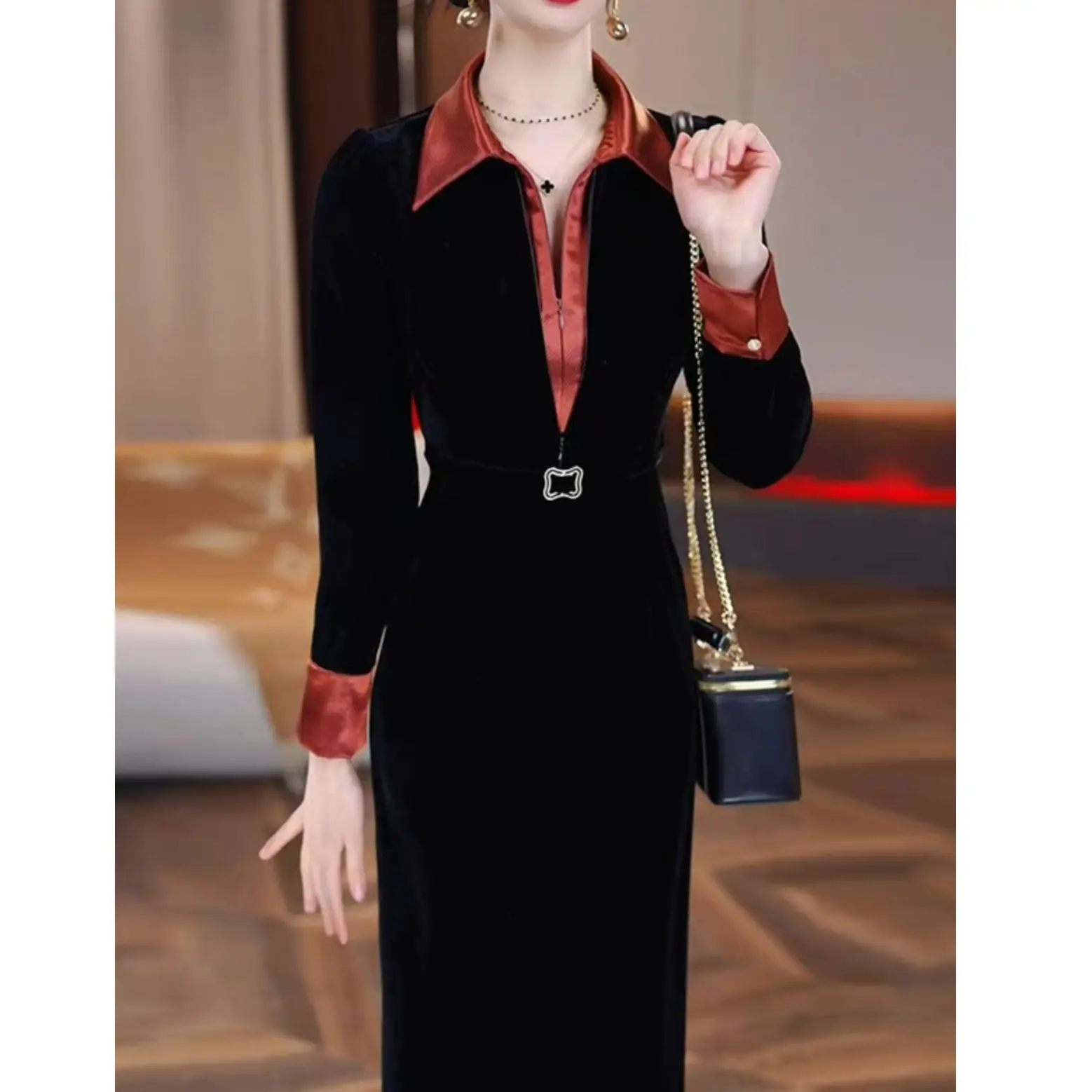 เดรสยาวปานกลางแฟชั่นทันสมัยอเนกประสงค์และสง่างาม คอลเลคชั่นใหม่สำหรับผู้หญิง ฤดูใบไม้ผลิและฤดูใบไม้ร่วง ปี 2025 ดีไซน์ตัดสี