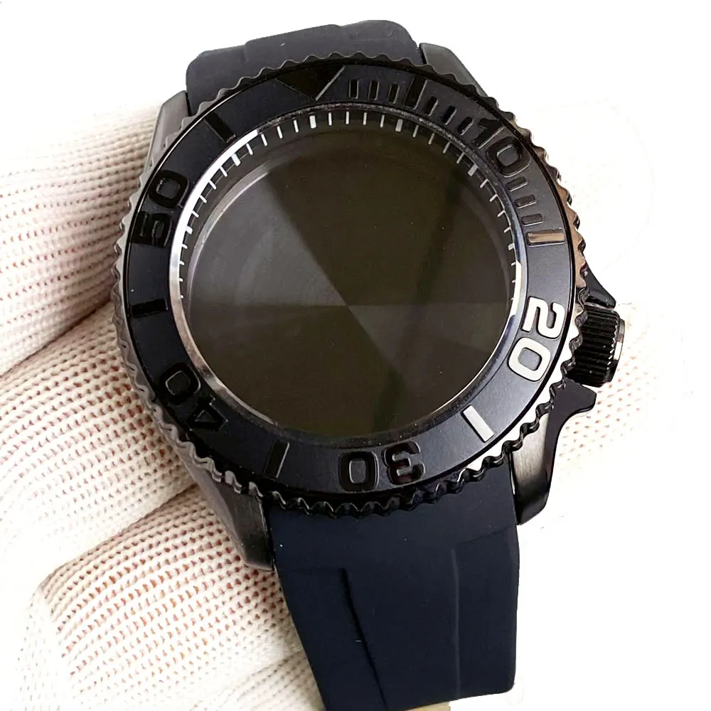 41mm Automatic Watch Case Silicone Band Black PVD SKX007 Style Sapphire 3.8 Crown 120 Clicks Bezel Fit NH35 NH36 NH34 Movement