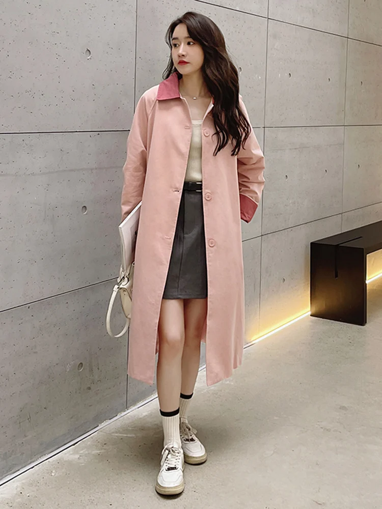 LANMREM Contrasting Color Windbreaker For Women Lapel Long Sleeves Single Breasted Mid Length Trench Coat 2024 Autumn 2DA8980