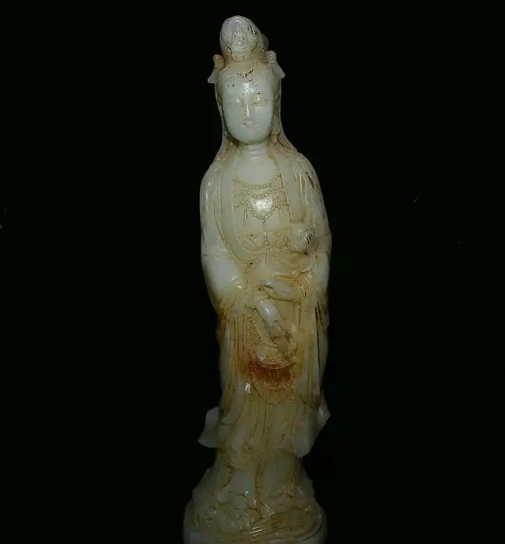 12” Old Chinese White Jade Carving Kwan-yin Guan Yin Goddess Statue Sculpture