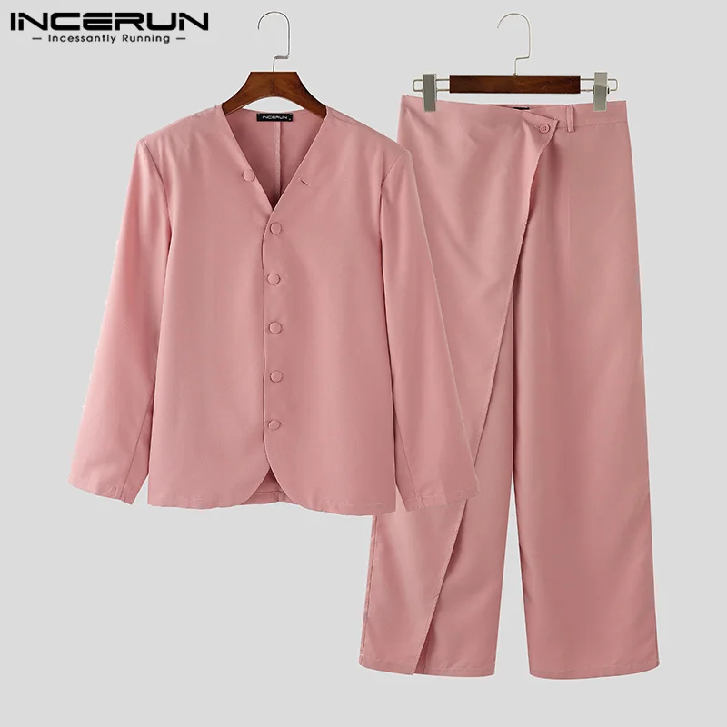 INCEURN Men Solid Color Two-piece Suits 2024 Korean Fashion Long Sleeve Tops Sets Loose Simple Commuting Outfits Handsome Suits