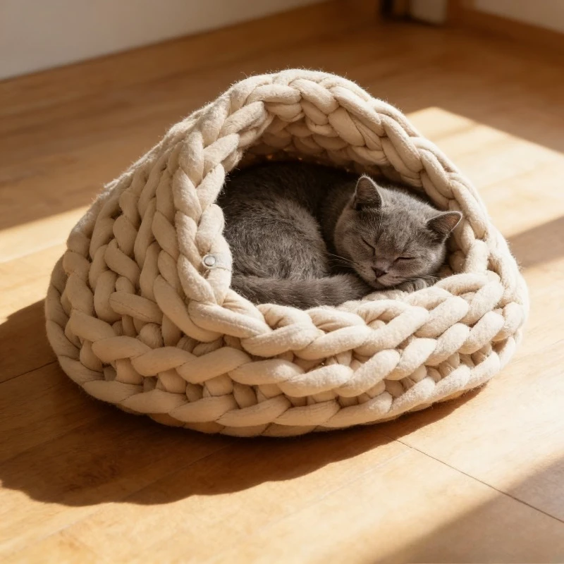 

Year-Round Soft Yarn Cat Bed, Enclosed Knitted Pet Nest, Breathable Warm Hut for Kitten Puppy, Cozy Private Hideout Cage Supply