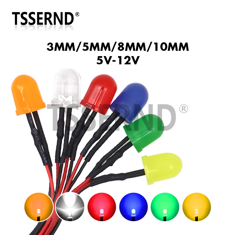 3mm 5mm 8mm 10mm LED 12V 20cm Pre-wired White Red Green Blue Yellow Orange Diode Lamp Decoration Light Emitting Diodes