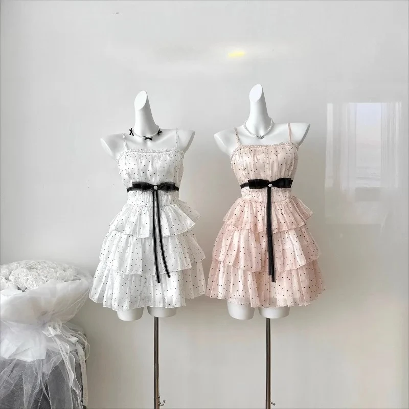 

Holiday Pleated Design Bow Ruffle Edge High Waist Tube Top Short Dresses Summer New Sweet Girls Polka Dot Suspender Dress