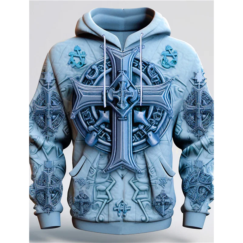 3D Printed Exquisite Cross Hoodies For Men Fake Stereoscopic Pattern Pullovers Casual Hooded Long Sleeves Loose Tops Sweatshirts