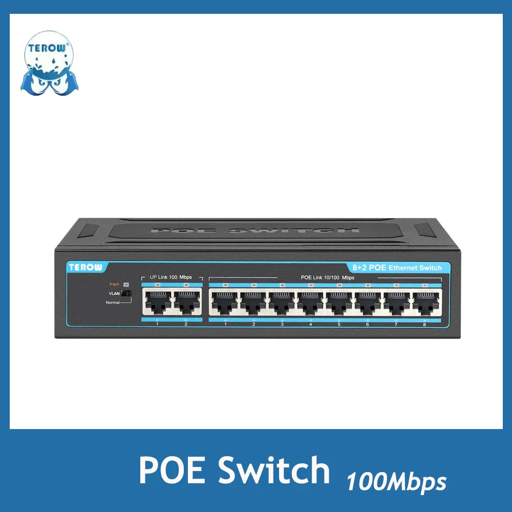 

TEROW POE Switch 8 Ports 100Mbps Ethernet Switch 6 POE+2 Uplink With Internal Power Office Home Network Hub for IP Camera