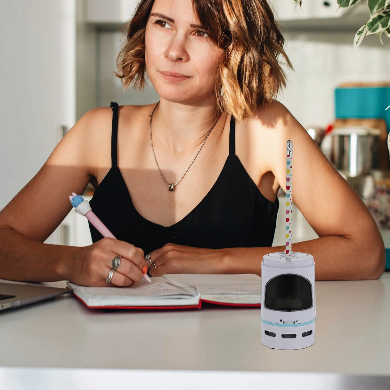 

Electric Pencil Sharpener Rechargeable White Portable Desk Vacuum Cleaner Compact Size Travel Storage ABS Construction Bright