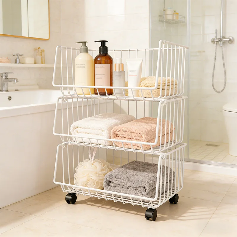 Kitchen Multi-layer Storage Basket Hollow Iron Art Basket with Wheels Pulling Vegetable Fruit Miscellaneous Goods Basket