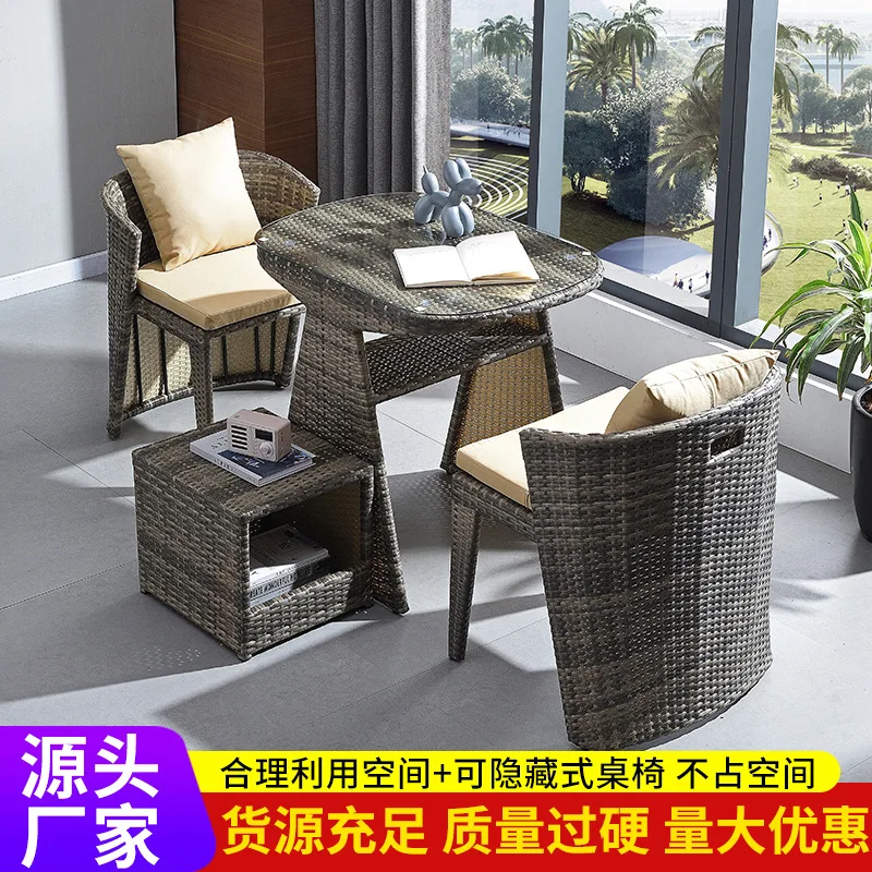 

Набор из трех предметов: роскошный компактный стол и стулья для балкона, террасы или двора, с функцией хранения, из ротанга.