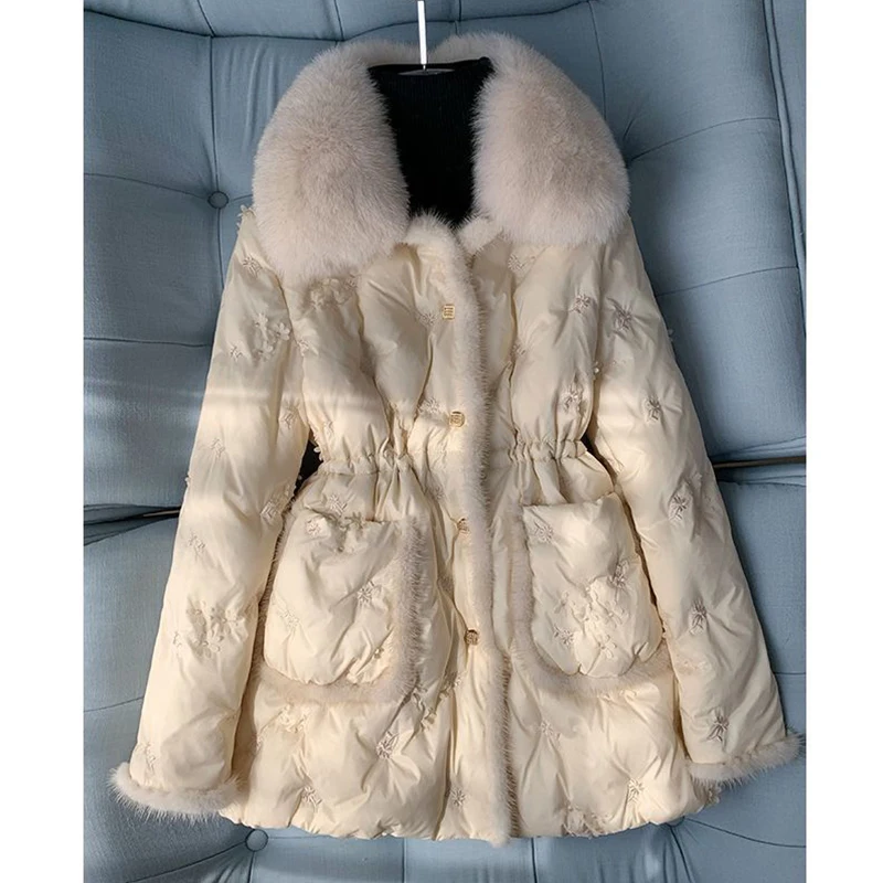 2024 Winter Detachable Fur Collar White Goose Down Snow Parka Medium Long Down Puffer Jacket Warm Single Breasted Overcoat