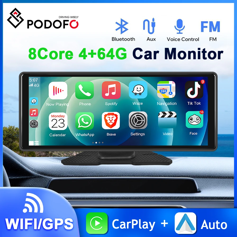 Podofo 8Core 4+64G Carplay Monitor 10.26\'\' Dashboard Carplay Car Player Android Auto GPS WIFI Bluetooth Carplay Screen Player