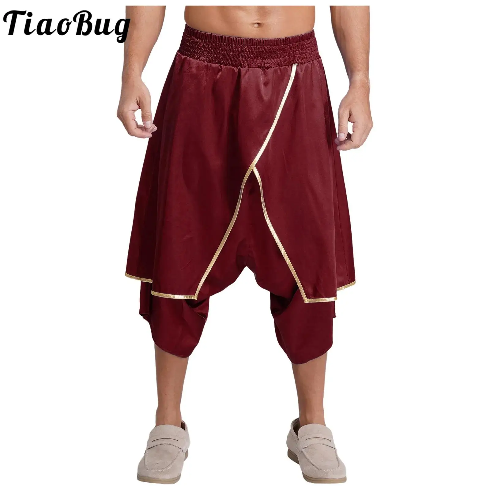 

Men Satiny India Dhoti Pants Arab Hippie Costumes Harem Pants Irregular Overlay Widen Loose Lantern Pants with Metallic Trim