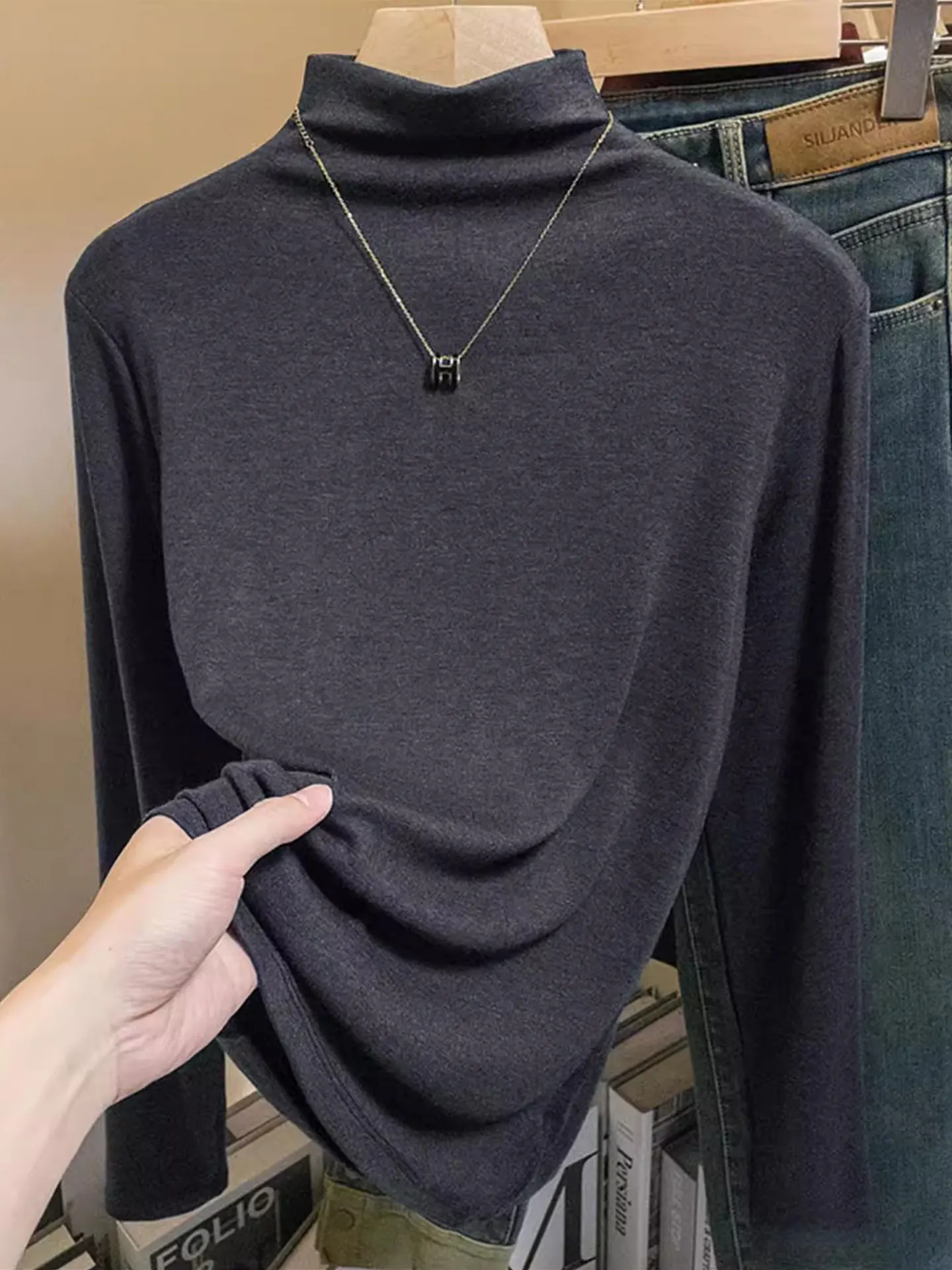 

ay High-End Feel Long Sve f High Collar Women's T-irt Inner Wear Base irt plus Size Autumn Winter Trendy Top