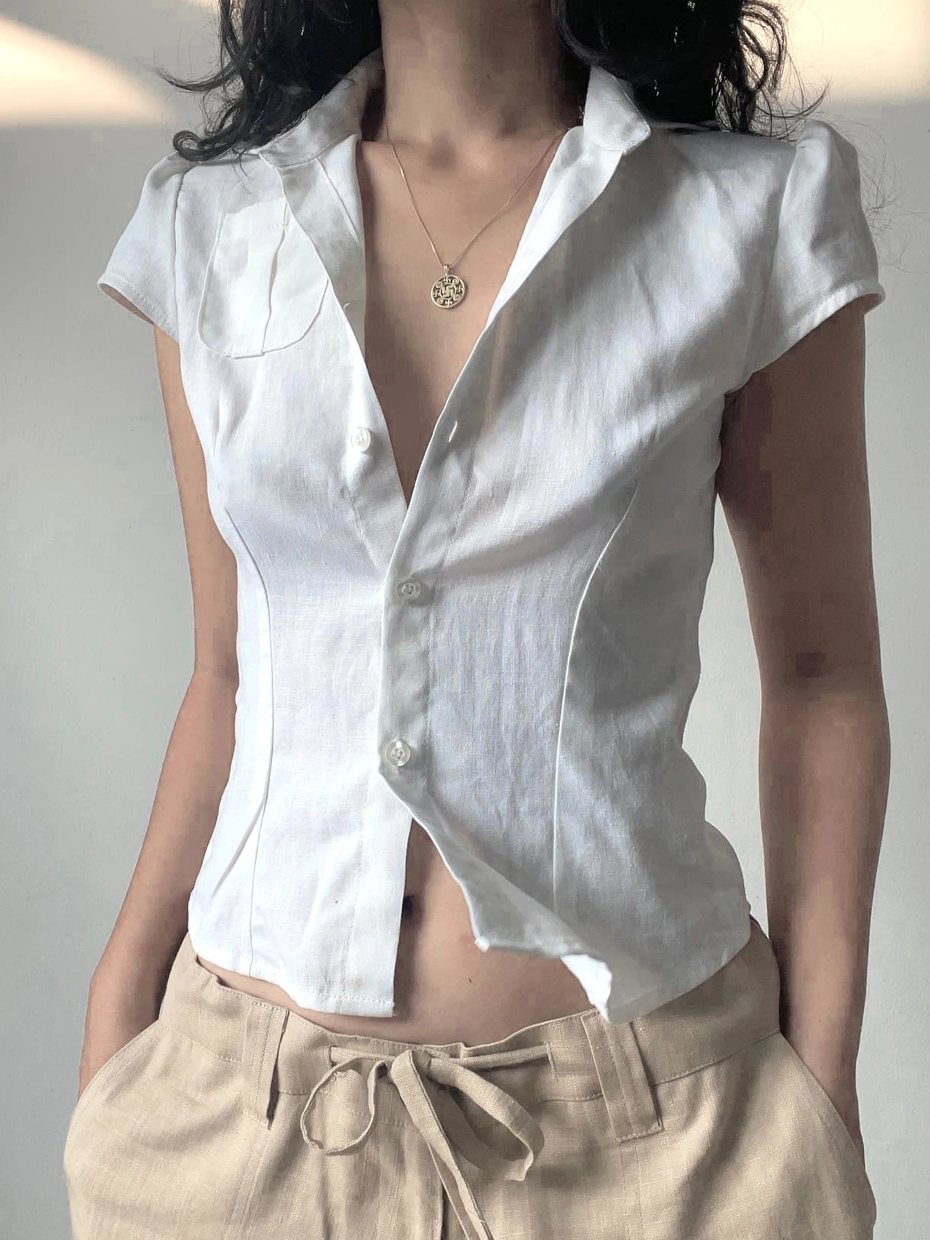 Rockmoer Pocket Button Front White Shirt Summer Women Casual Short Sleeve Turn-down Collar Button Blouse Top Y2K Preppy Style